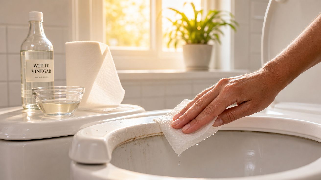 Mão a limpar com pano branco a sanita, com vinagre branco e papel de cozinha no fundo, luz natural.