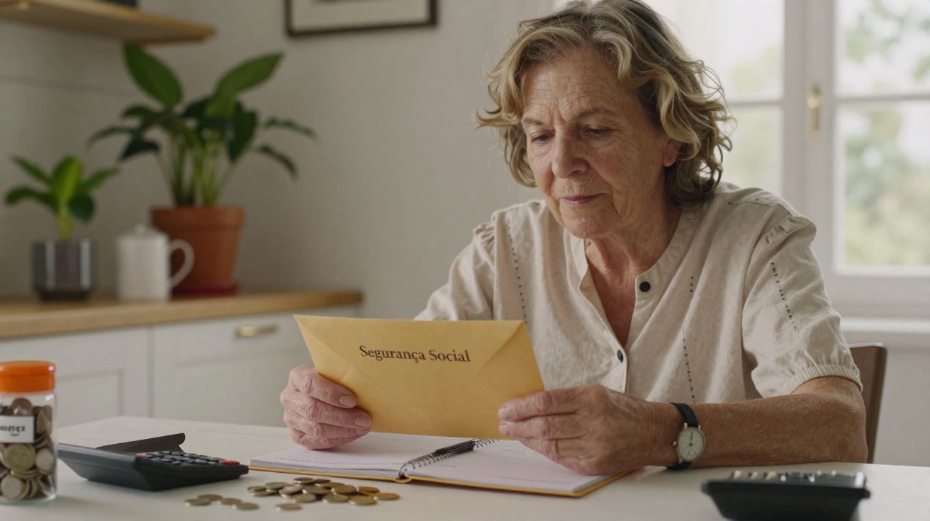 Mulher idosa sentada a ler carta da Segurança Social com moedas, calculadora e caderno numa mesa.