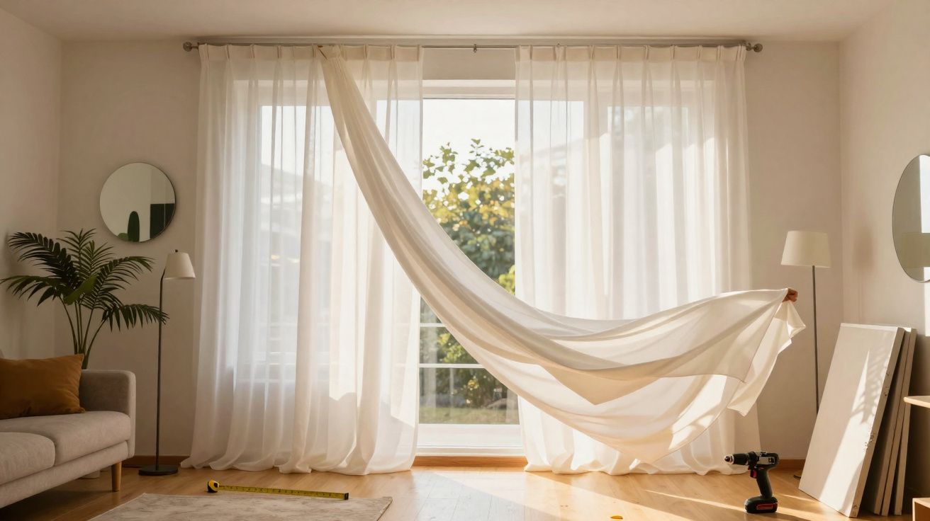 Sala iluminada com cortinas brancas esvoaçantes e decoração minimalista com plantas e móveis claros.