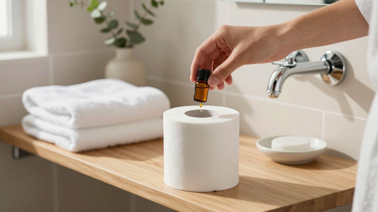 Mão a colocar gotas de óleo essencial num rolo de papel perfumado sobre bancada de madeira numa casa de banho.