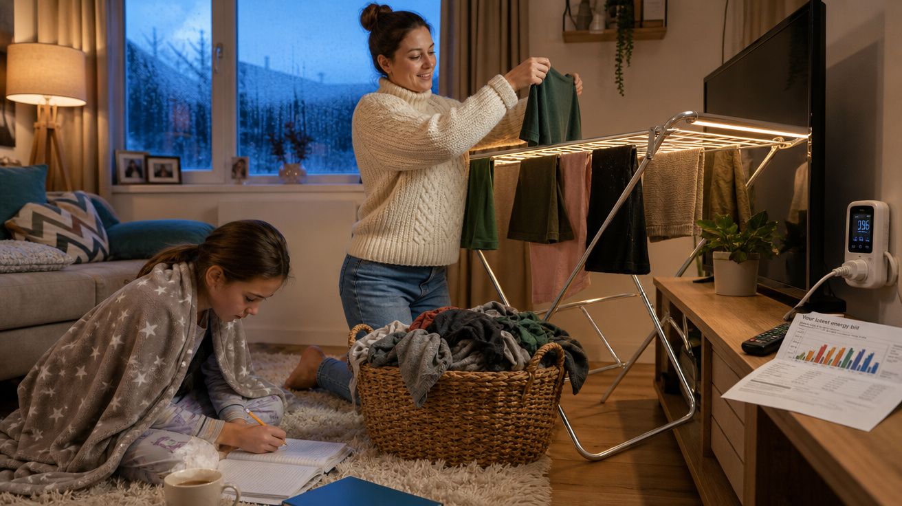 Mulher a estender roupa num estendal interior enquanto criança estuda debaixo de manta numa sala à noite.