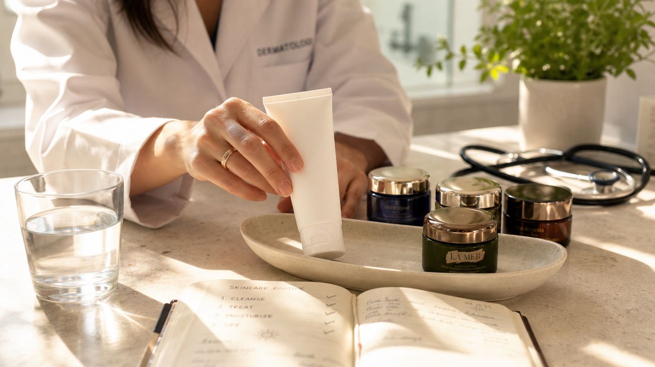 Dermatologista a pegar um tubo de creme numa mesa com várias embalagens de cosméticos e um caderno aberto.