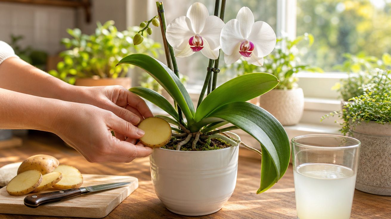Pessoa a aplicar batata crua numa orquídea branca num vaso branco, num ambiente doméstico iluminado.