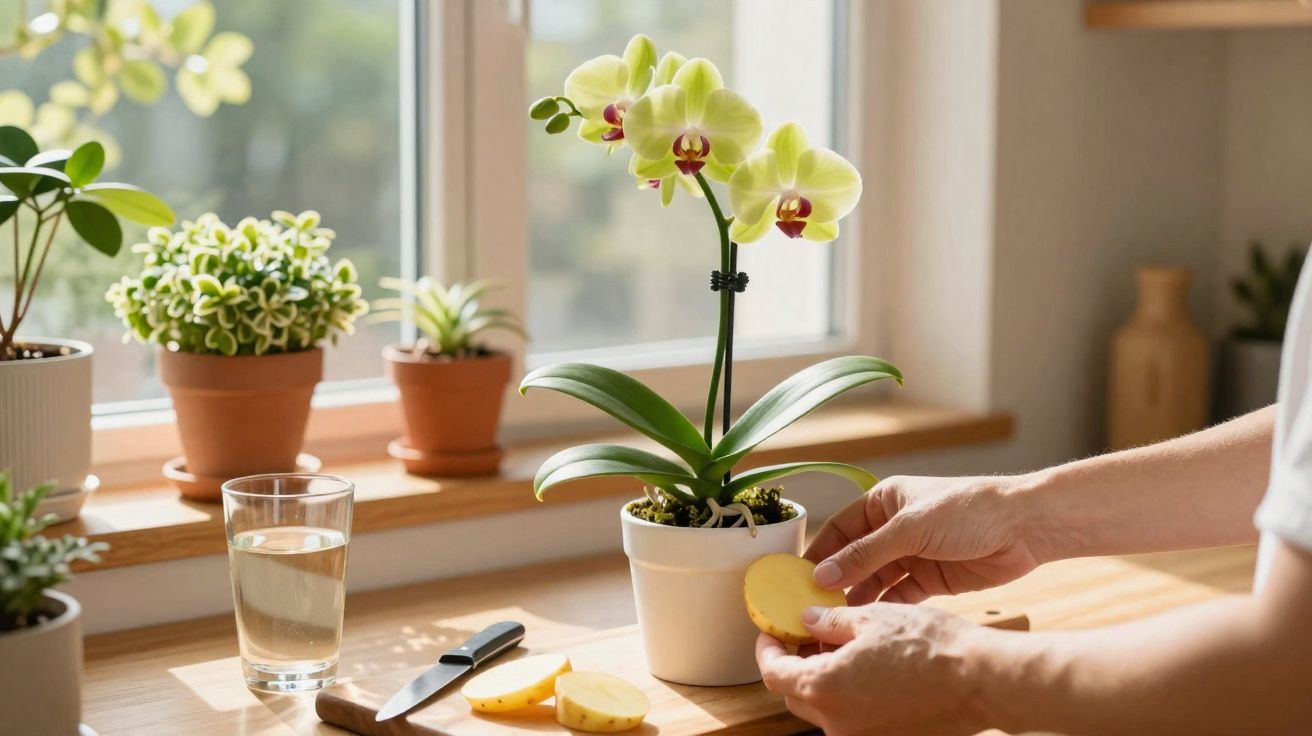 Pessoa a cortar batatas numa cozinha com vaso de orquídea ao lado e outras plantas na janela.