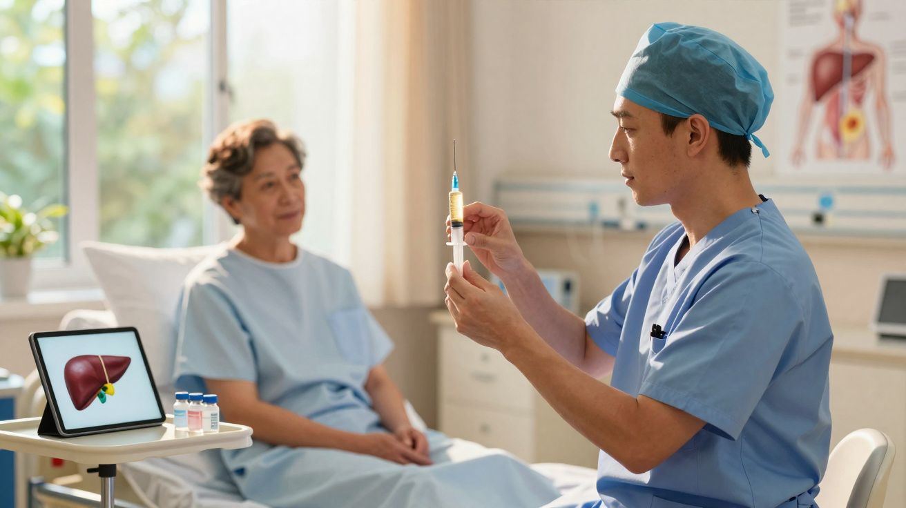 Médico prepara injeção sentado junto a paciente idosa num consultório hospitalar com imagem do fígado num tablet.