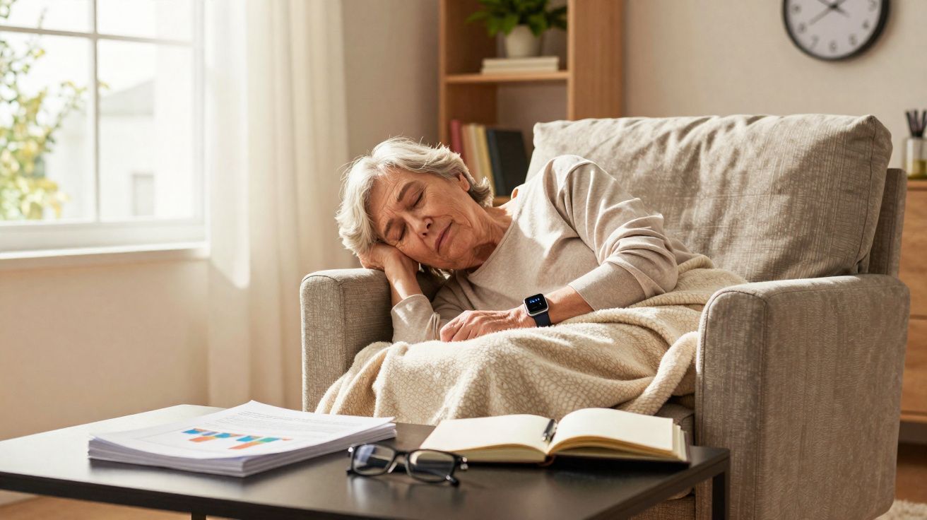 Idosa a dormir no sofá aconchegada com manta, junto a mesa com livros, documentos e óculos.
