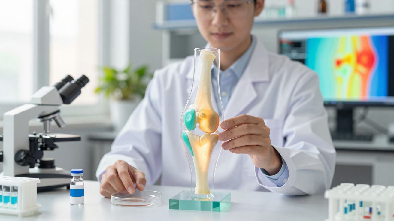Cientista com bata branca analisa modelo transparente de articulação do joelho em laboratório.