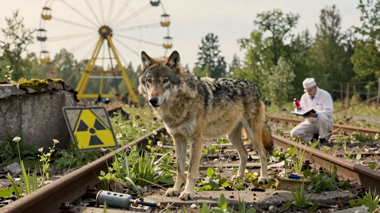 Lobo na linha ferroviária abandonada com símbolo de radiação, roda gigante desfocada e pessoa em roupa branca ao fundo.