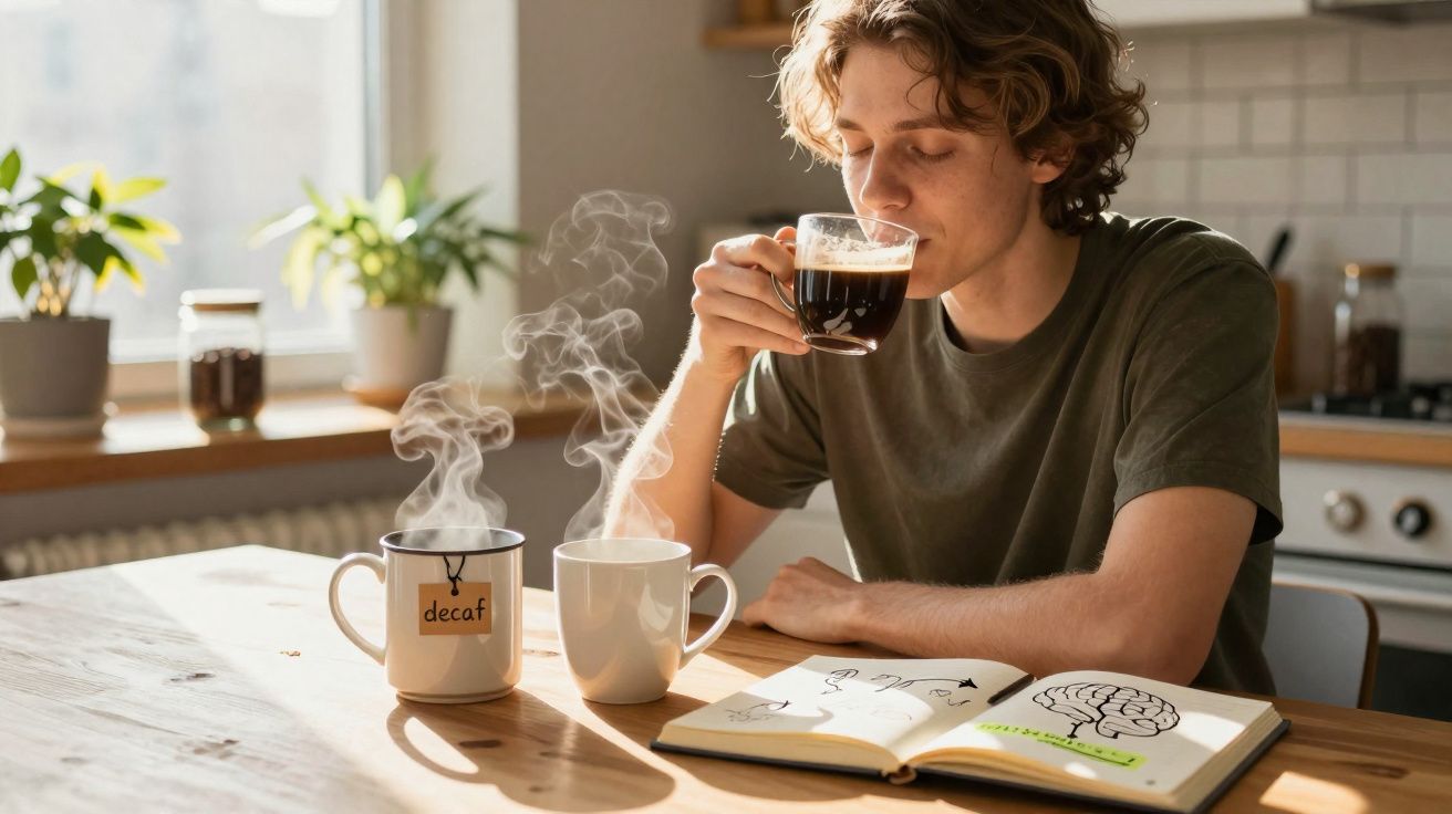 Jovem sentado à mesa com livro aberto, a cheirar café quente numa cozinha iluminada por luz natural.