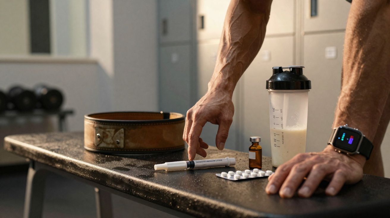 Mãos masculinas ao lado de frascos de suplementos, fita métrica, cinto de treino e batido proteico numa mesa de ginásio.