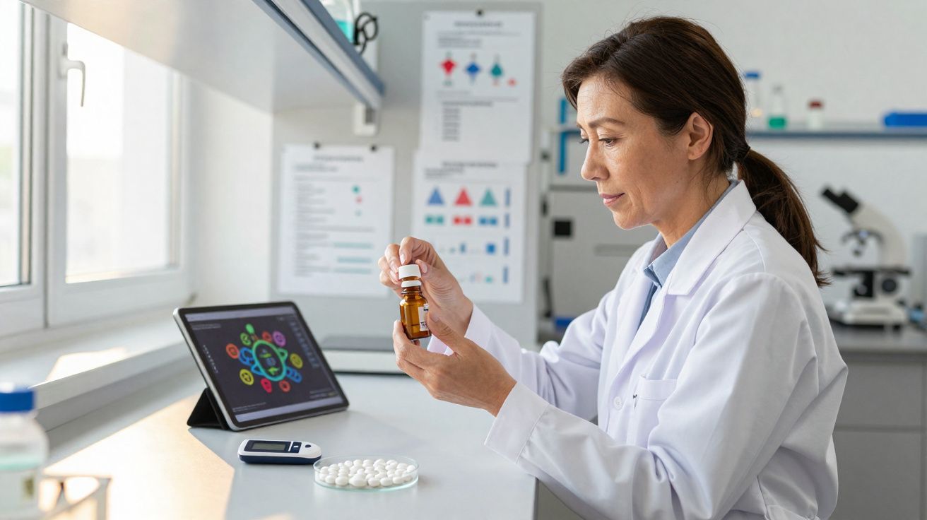 Cientista numa banca de laboratório a analisar frasco de medicamento com comprimidos e ecrã digital.