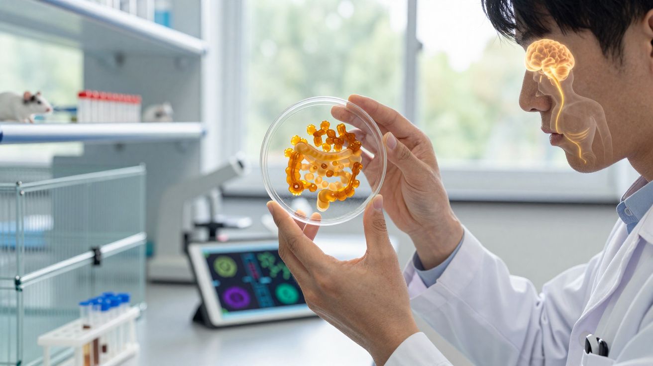 Cientista numa sala de laboratório observa placa de Petri simulando intestino, com destaque do cérebro e sistema nervoso.