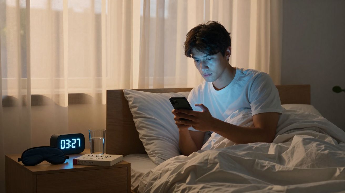 Homem acordado de madrugada na cama a usar o telemóvel, relógio marca 03:27, mesa de cabeceira com copo e livro.