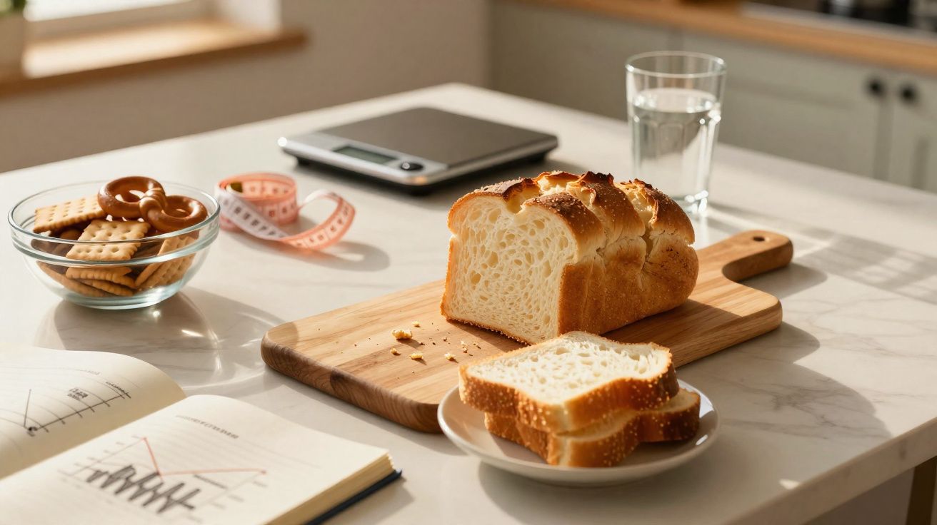 Pão fatiado num tabuleiro, bolachas numa taça, fita métrica, copo de água e gráfico numa mesa iluminada pelo sol.