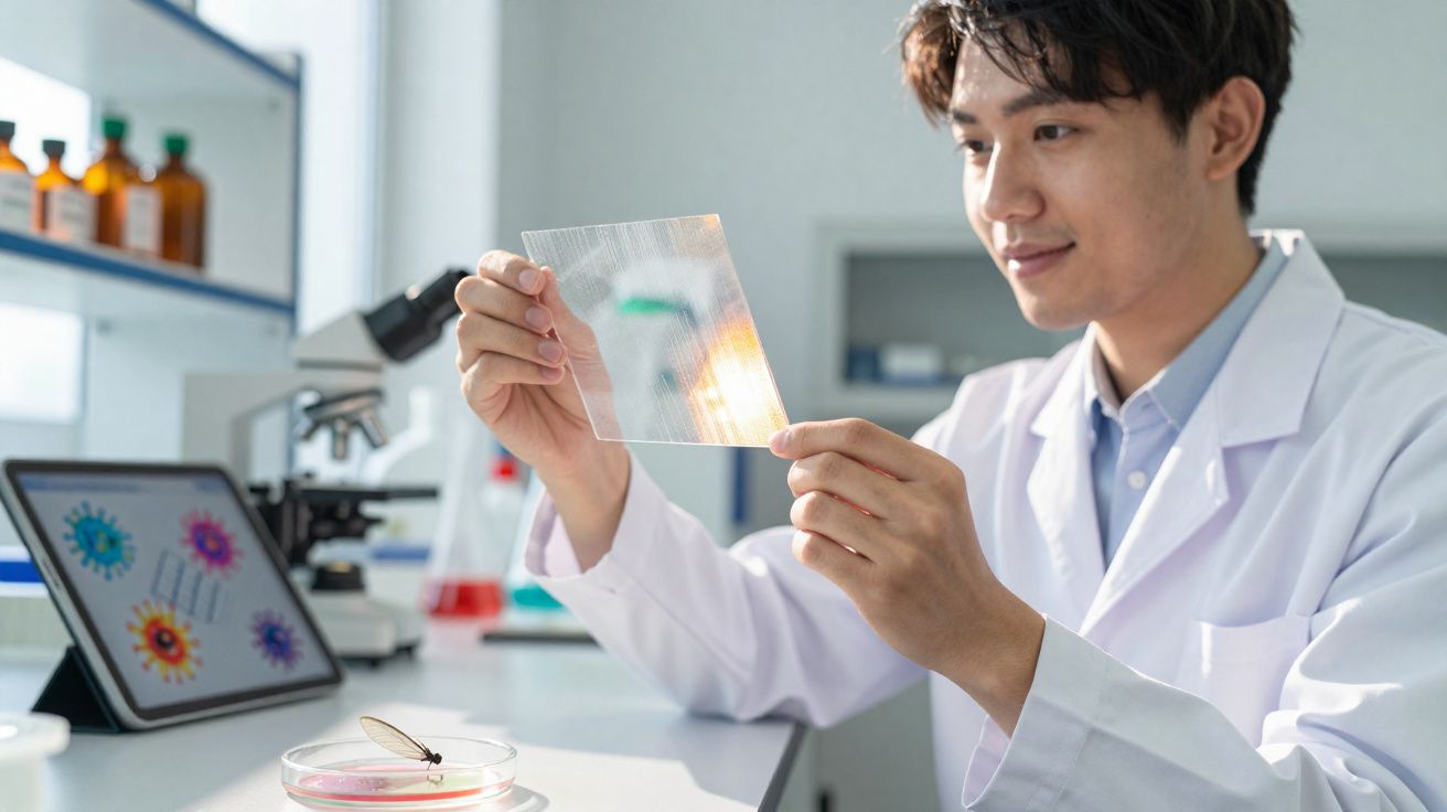 Cientista em laboratório a analisar lâmina transparente com microscópio e tablet com imagens de vírus ao fundo.
