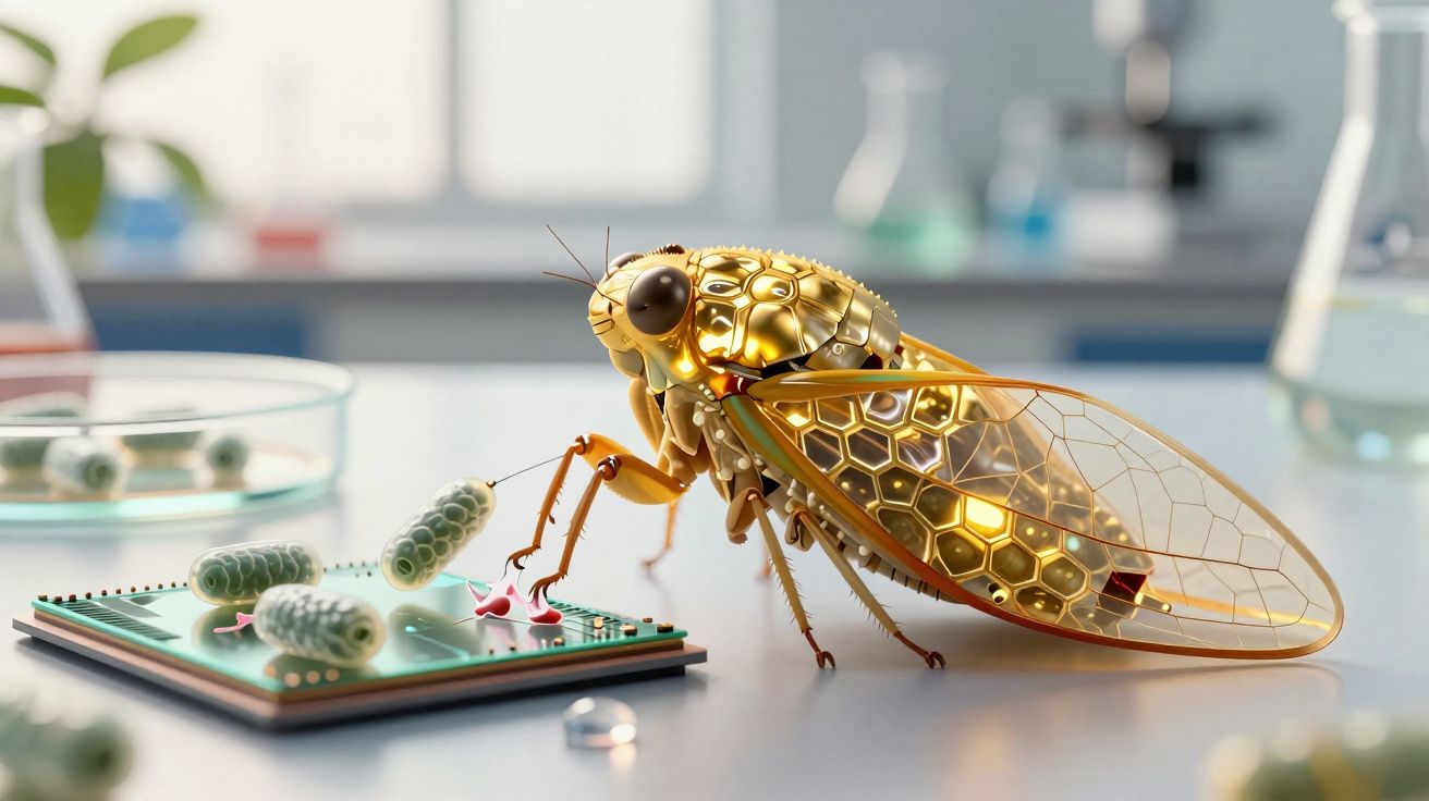 Inseto robótico dourado com asas transparentes interagindo com componente tecnológico num laboratório.
