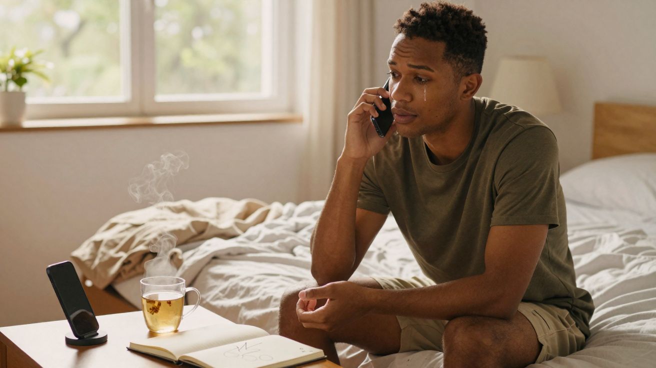 Homem sentado na cama a falar ao telefone, com lágrima no rosto e chá quente numa mesa à frente.