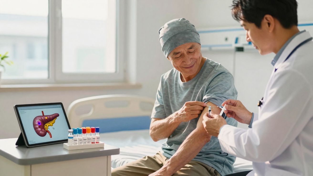 Paciente a receber injeção no braço de médico numa clínica, com imagem digital de fígado na mesa ao lado.