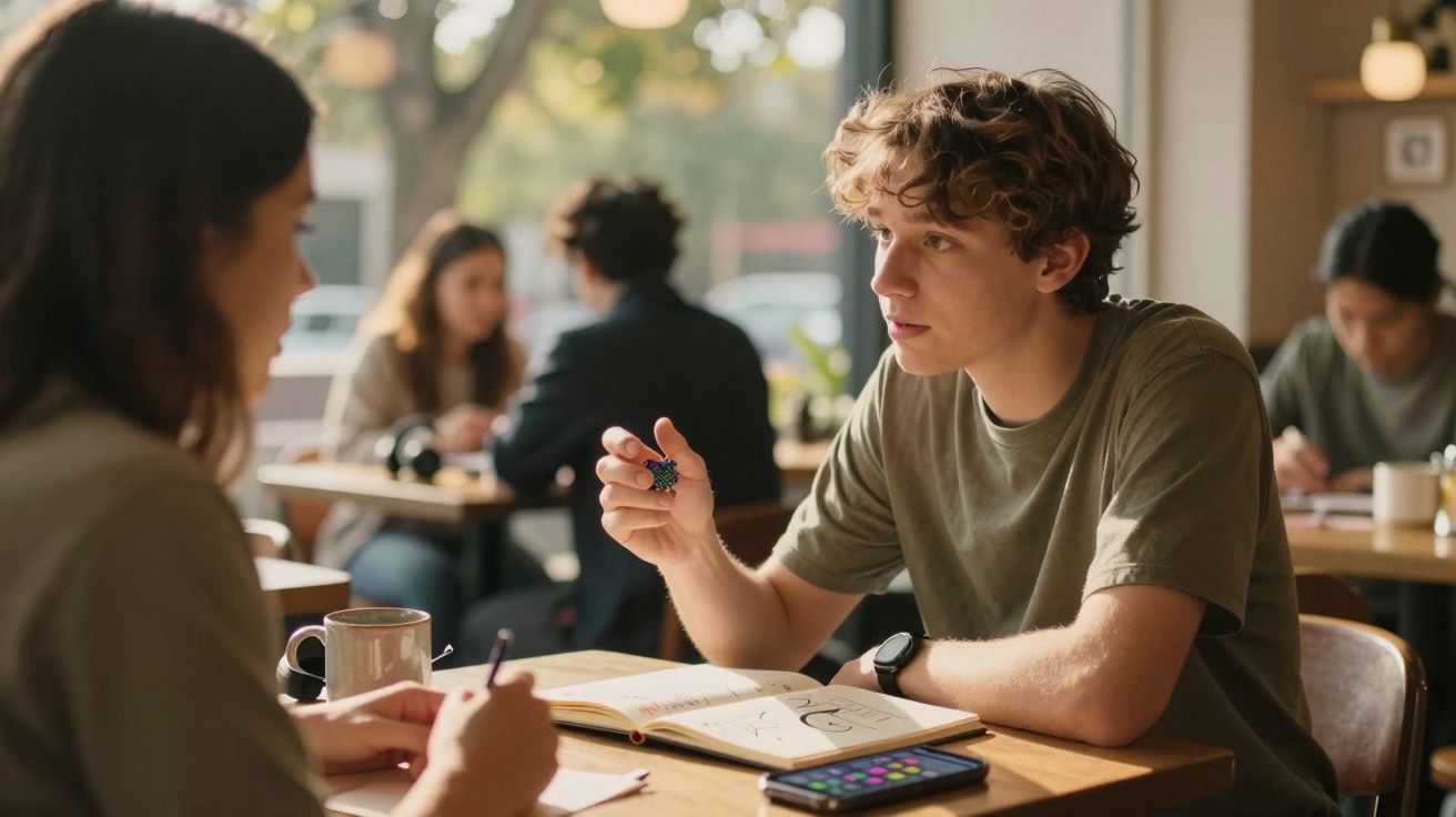 Dois jovens sentados a estudar juntos numa mesa de café iluminada pelo sol.