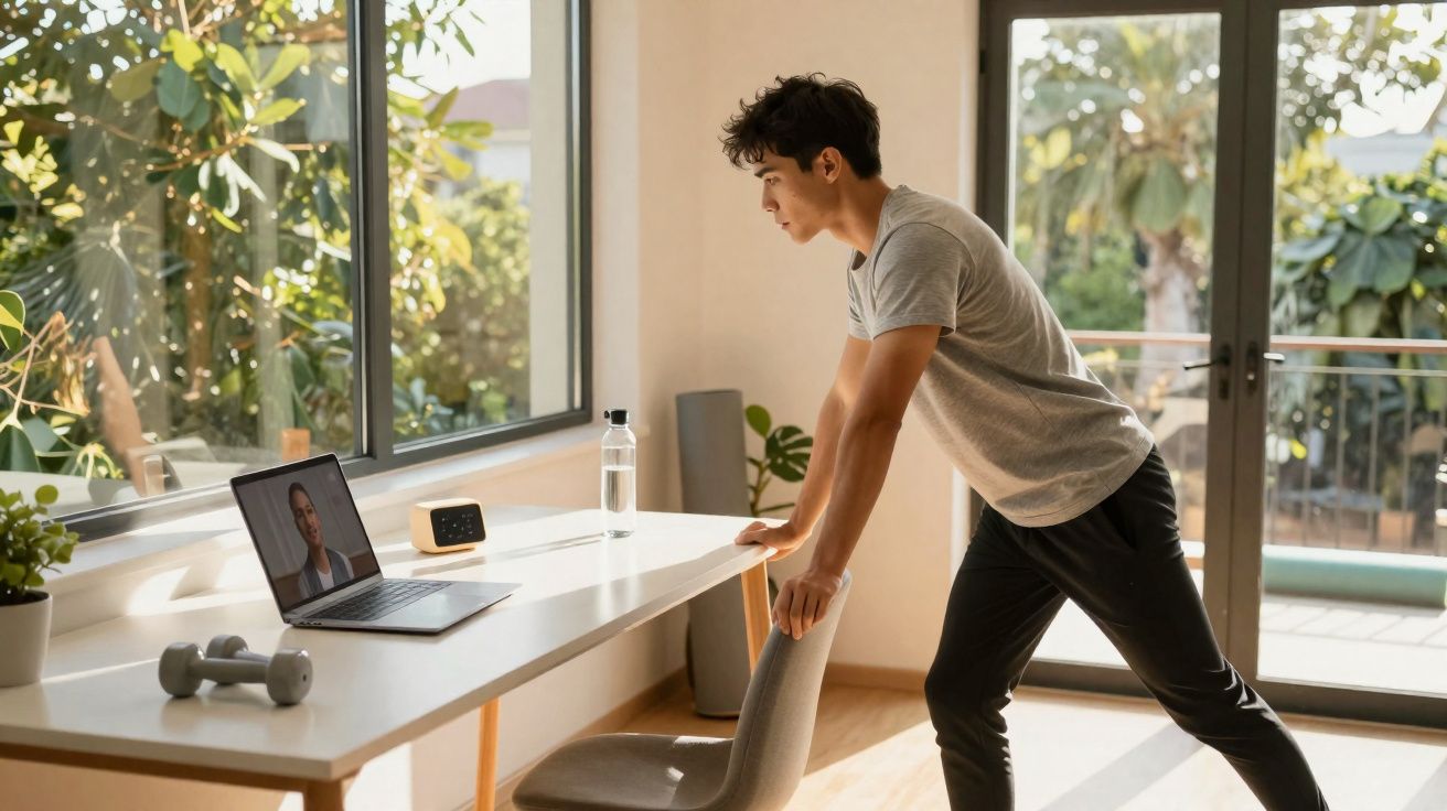 Jovem a fazer alongamentos na sala enquanto acompanha uma aula online de exercício físico no computador.