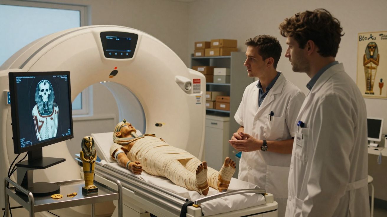 Dois técnicos analisam uma múmia egípcia enrolada numa máquina de tomografia computadorizada.