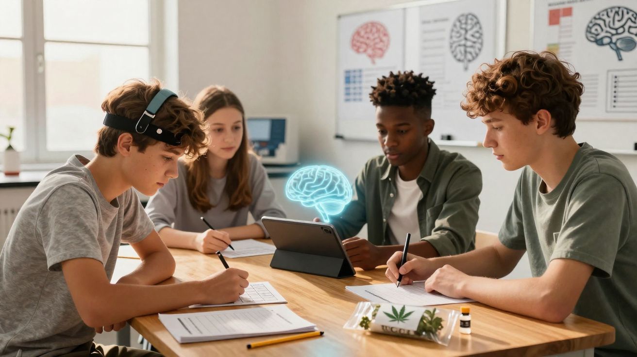 Jovens a estudar num ambiente escolar com tablets e gráficos de cérebro em ambiente moderno e tecnológico.