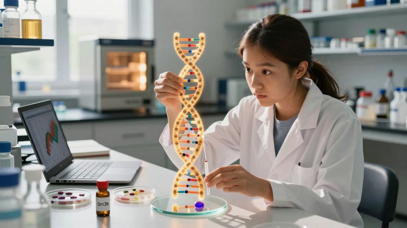 Cientista numa sala de laboratório a analisar modelo de ADN com equipamentos e computador à sua frente.