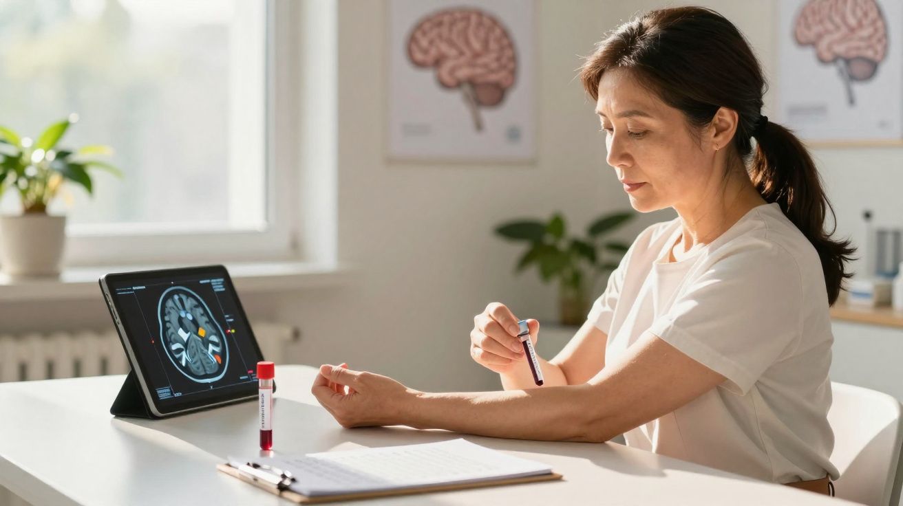 Mulher a analisar amostra de sangue com imagens do cérebro num tablet à frente, num consultório médico.