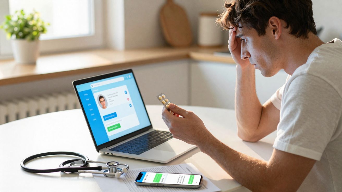 Homem preocupado a consultar medicamentos e informações médicas num laptop e smartphone numa mesa.