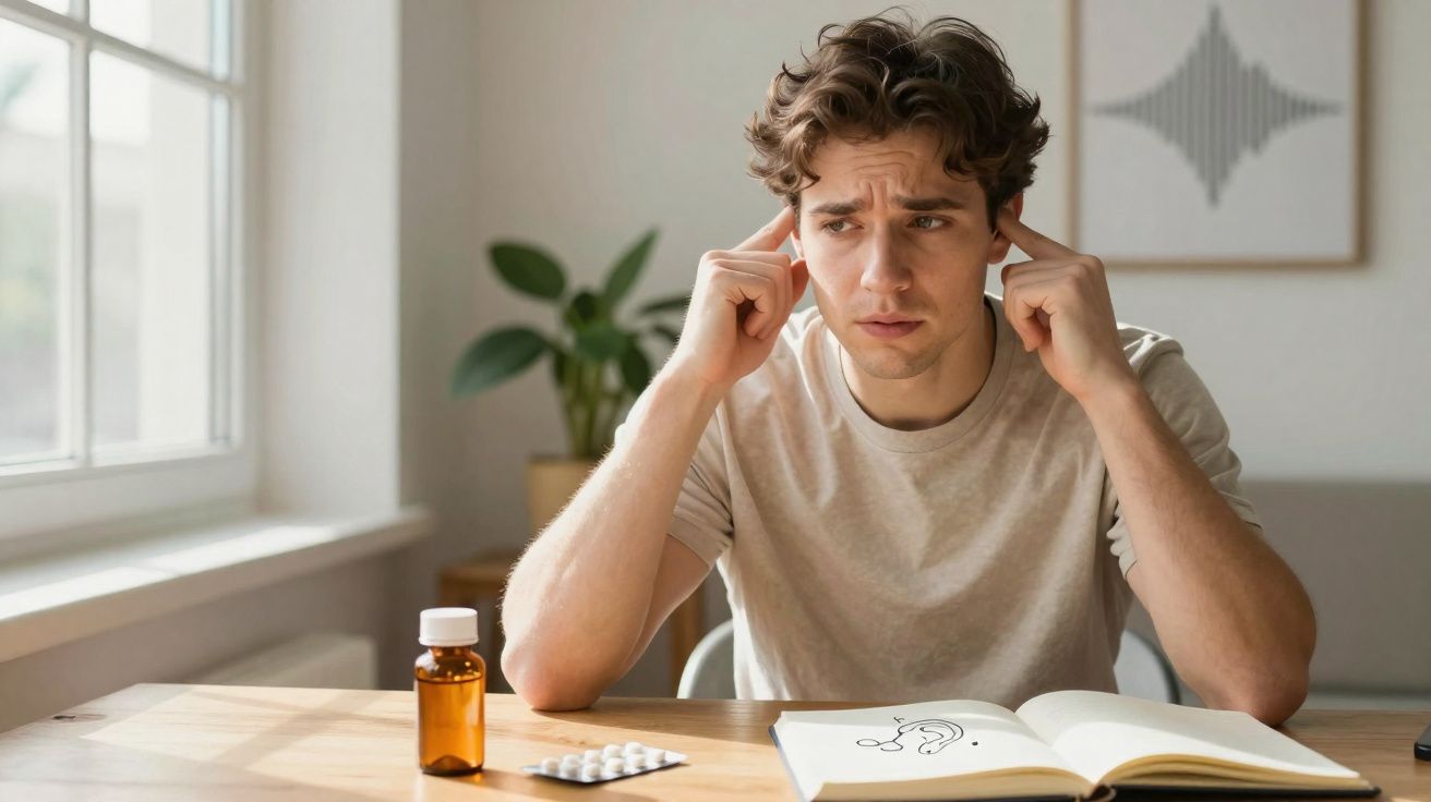 Jovem sentado à mesa com expressão preocupada a tapar os ouvidos, com pillas e livro aberto à sua frente.