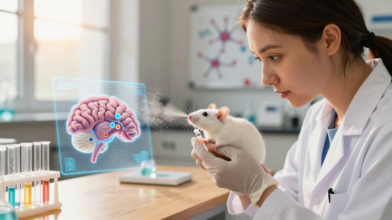 Cientista em laboratório segura rato branco com imagem holográfica de cérebro flutuando sobre a mesa.