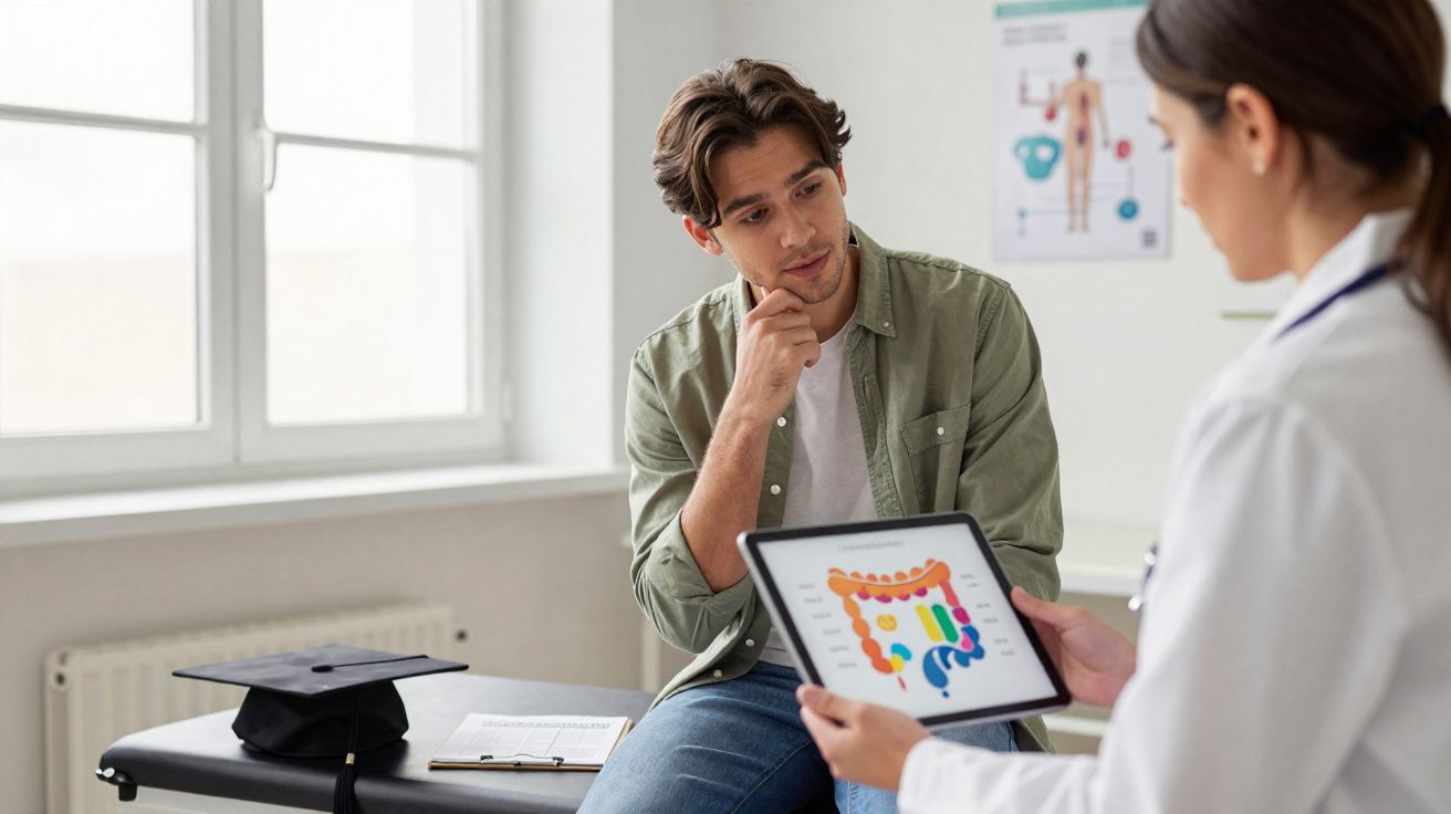 Paciente homem consulta médico que lhe mostra um diagrama do sistema digestivo num tablet.