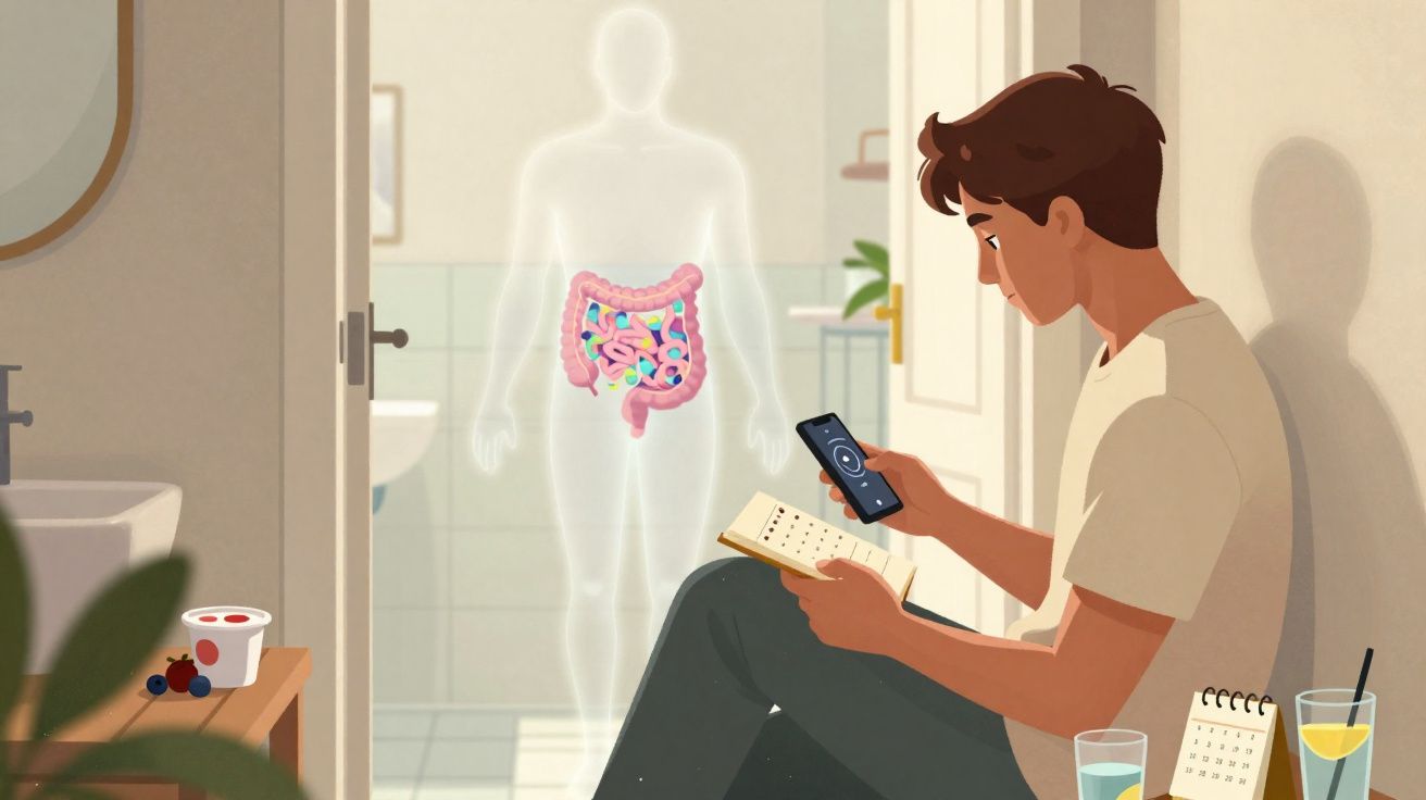 Homem sentado a ler e usar telemóvel com ilustração do sistema digestivo em transparência ao fundo.