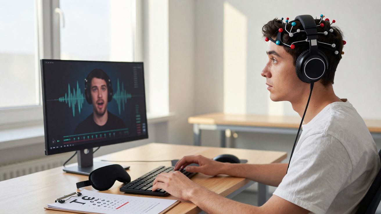 Homem com electroencefalograma na cabeça usando auscultadores, a interagir com computador e vídeo.