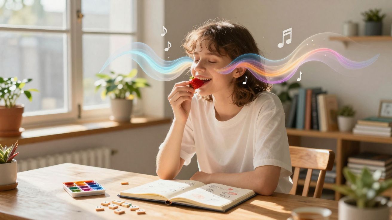 Jovem a comer morango com expressão de prazer, rodeada de notas musicais coloridas numa mesa com livros e plantas.