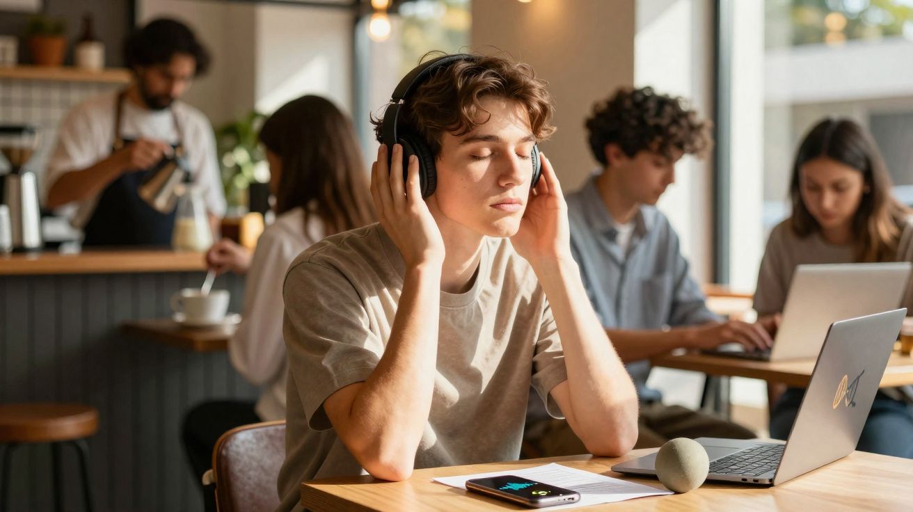 Jovem fechado de olhos a ouvir música com auscultadores numa cafeteria enquanto outras pessoas trabalham ao fundo.