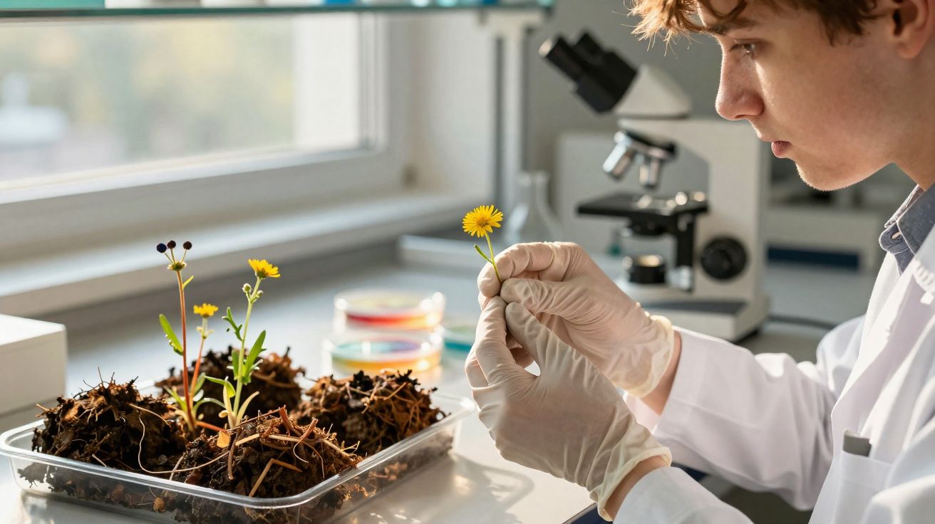 Cientista em laboratório a analisar flor amarela com luvas, plantas em recipiente e microscópio ao fundo.