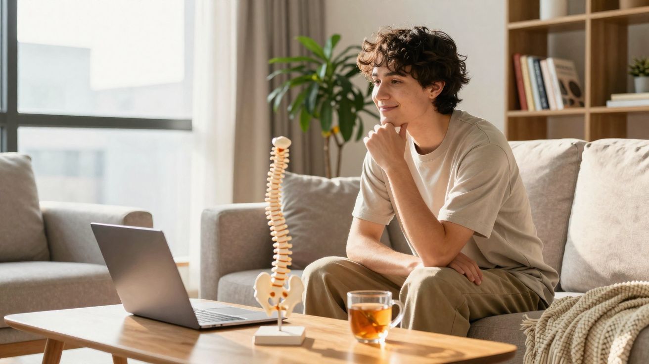 Jovem sentado no sofá com coluna vertebral modelo e chá na mesa, olhando para portátil numa sala iluminada.