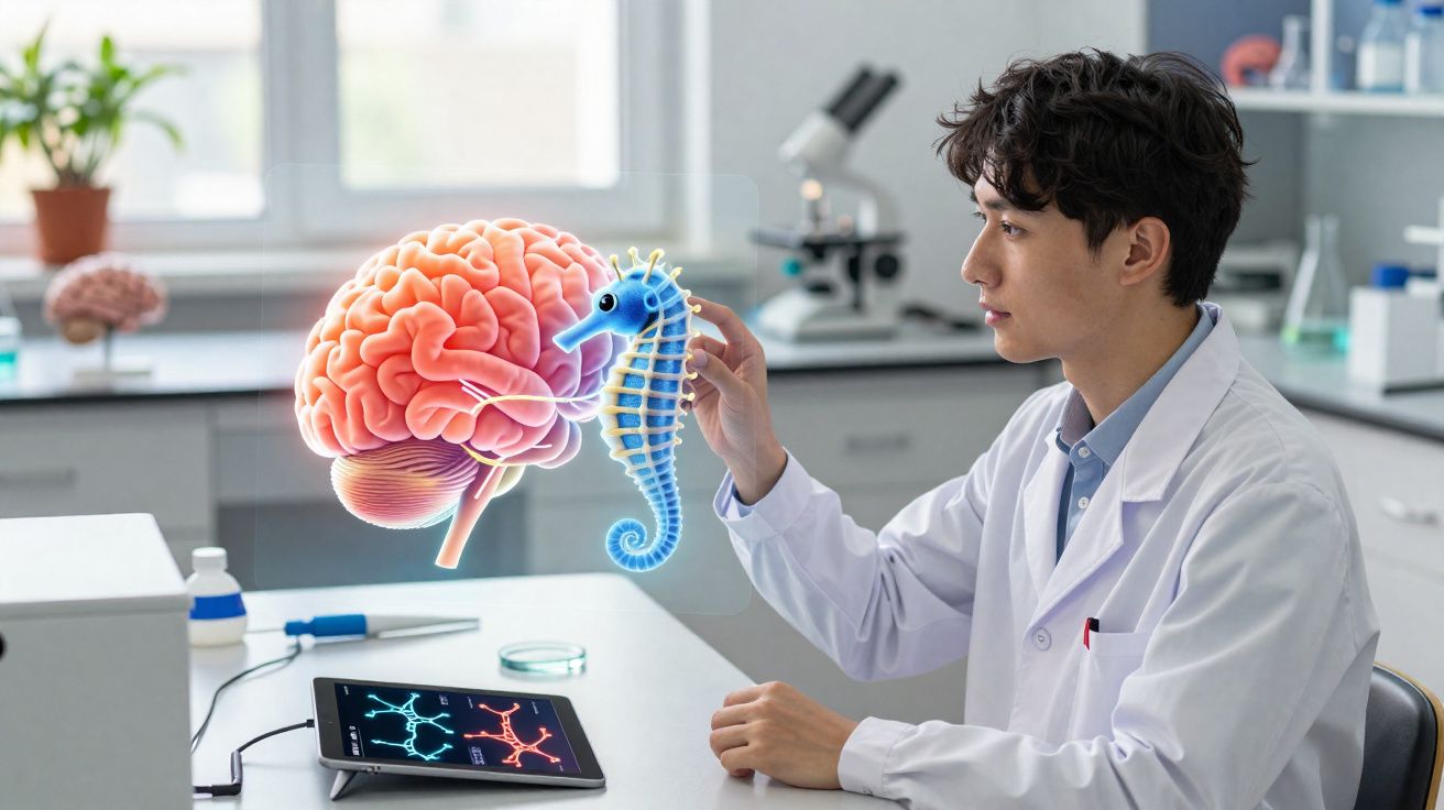 Cientista em laboratório estudando cérebro e cavalo-marinho em projeção holográfica digital à frente.