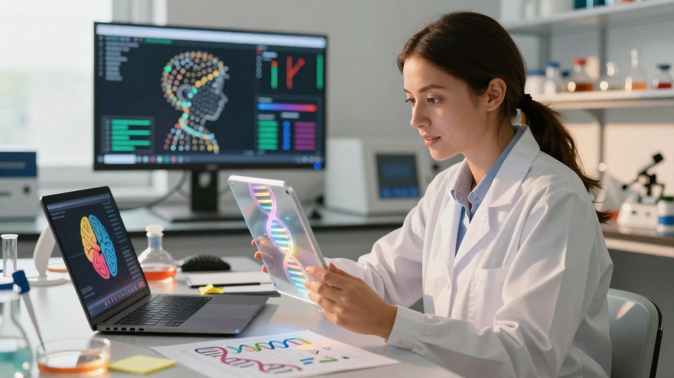 Cientista em laboratório a analisar modelo digital de dupla hélice de ADN com gráficos no computador.