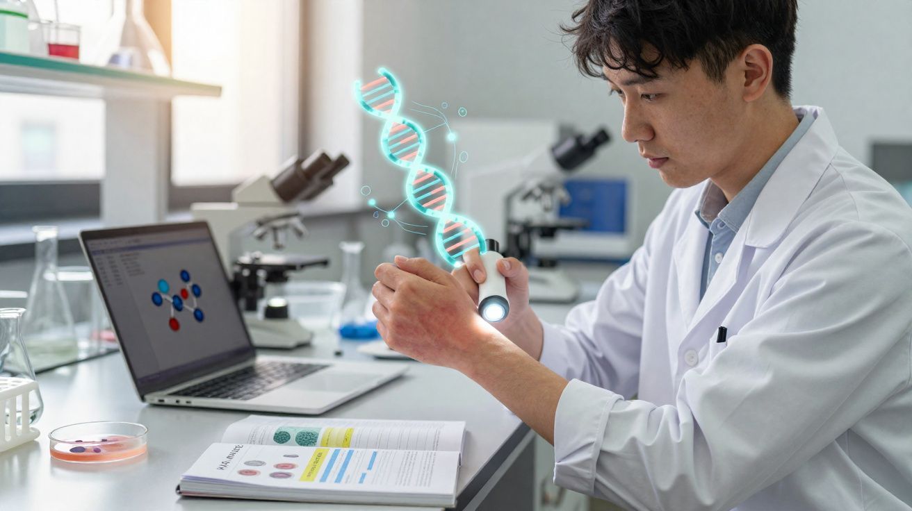 Cientista em laboratório a estudar molécula de DNA holográfica projetada sobre o braço com luz.