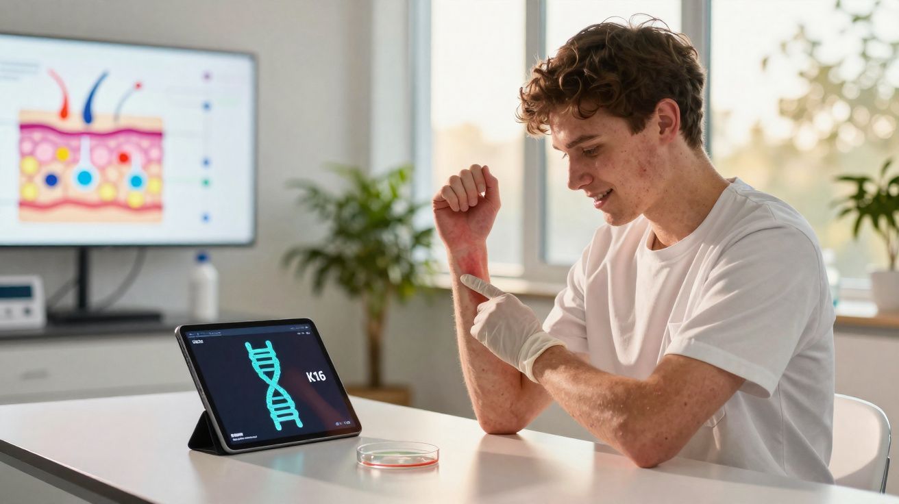Jovem cientista com luva observa estrutura de DNA num tablet enquanto aponta para o próprio braço.
