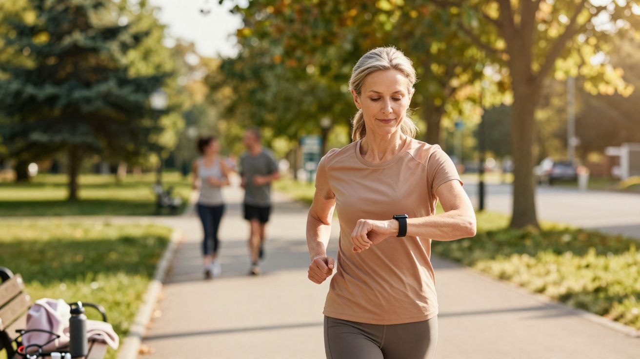 Mulher a correr no parque ao ar livre, a olhar para o relógio inteligente no pulso.