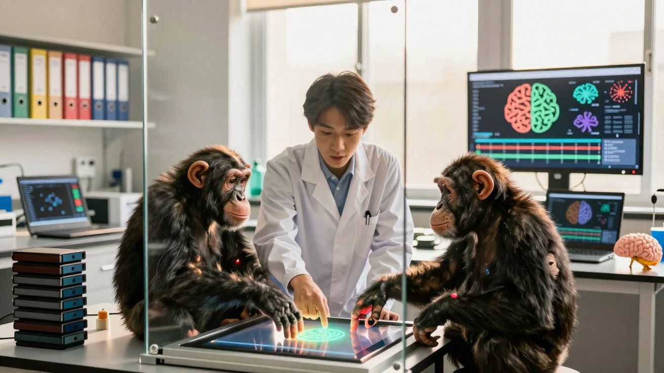 Cientista com bata branca interage em laboratório com dois chimpanzés a usar mesa tátil digital.