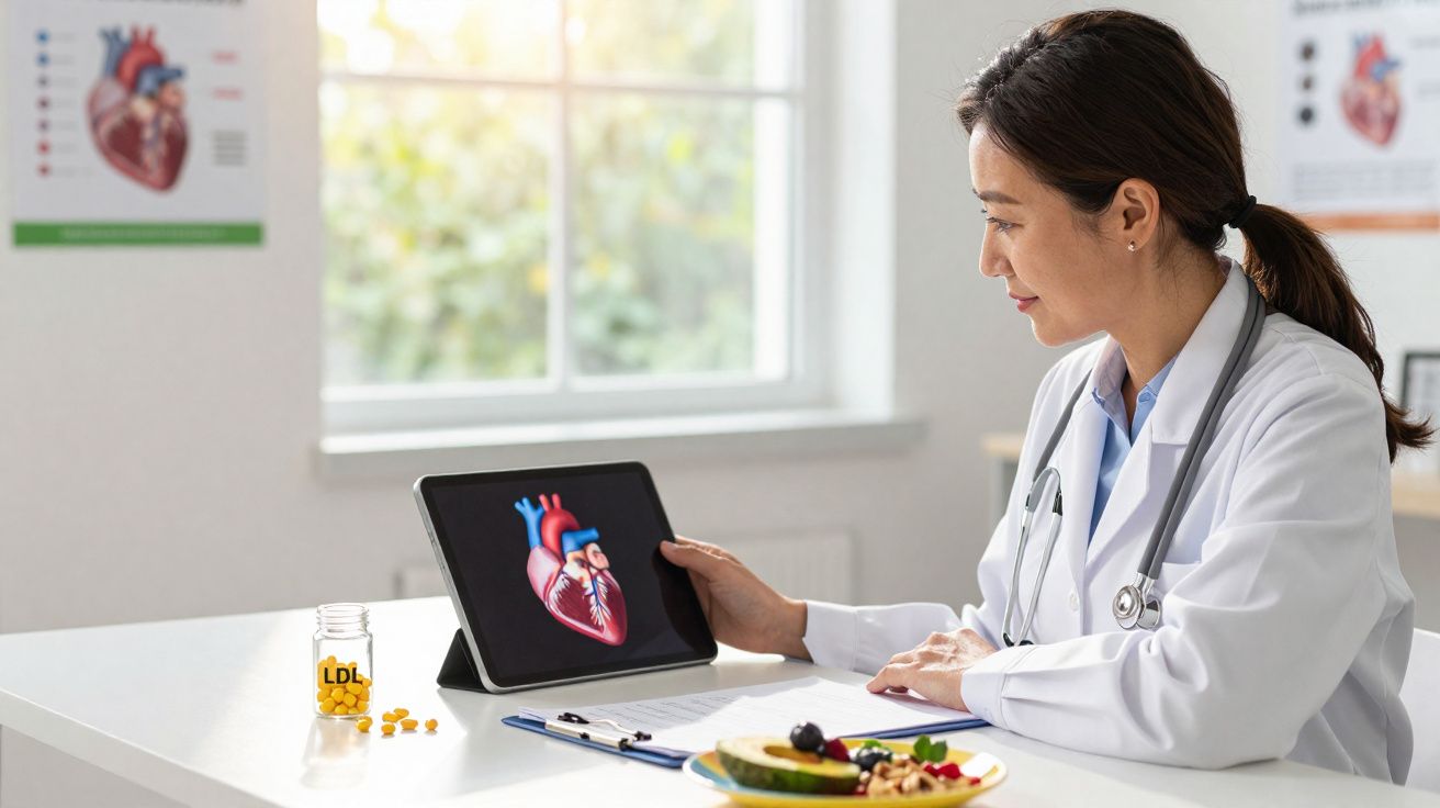 Médica consulta imagem digital do coração com frasco de comprimidos LDL e refeição saudável na mesa.