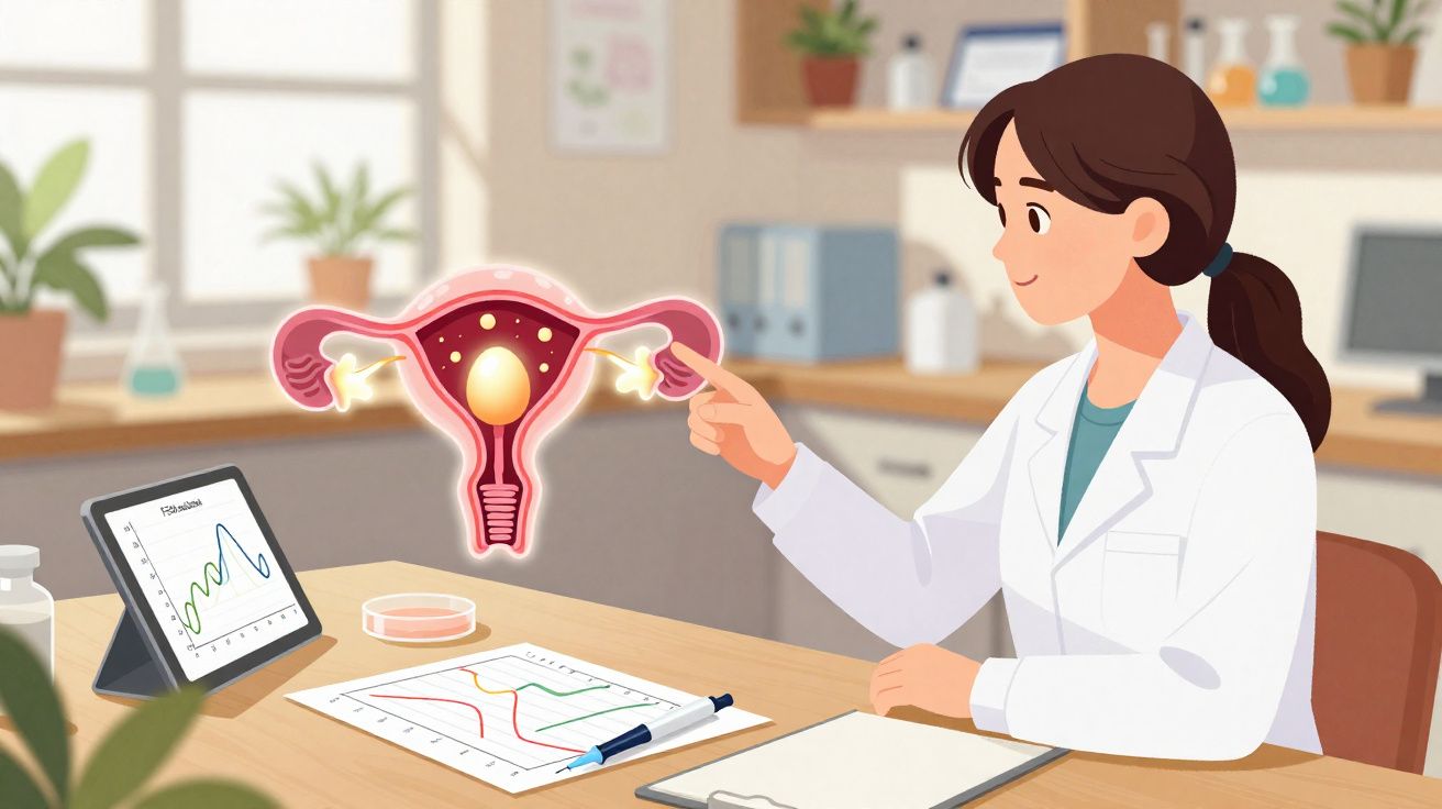 Médica a apontar para ilustração do sistema reprodutor feminino com gráficos numa mesa de consulta.