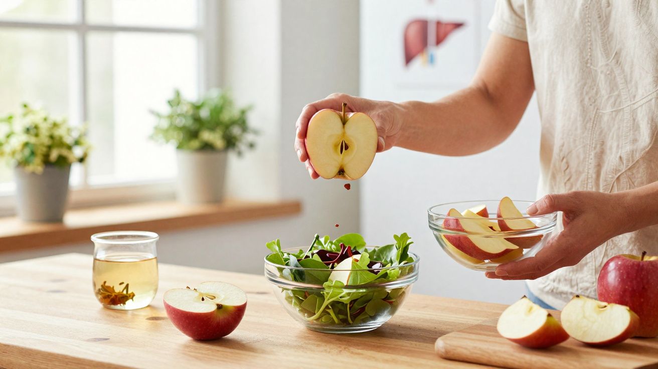 Pessoa a cortar maçã para salada de folhas verdes numa cozinha iluminada, com chá e plantas.