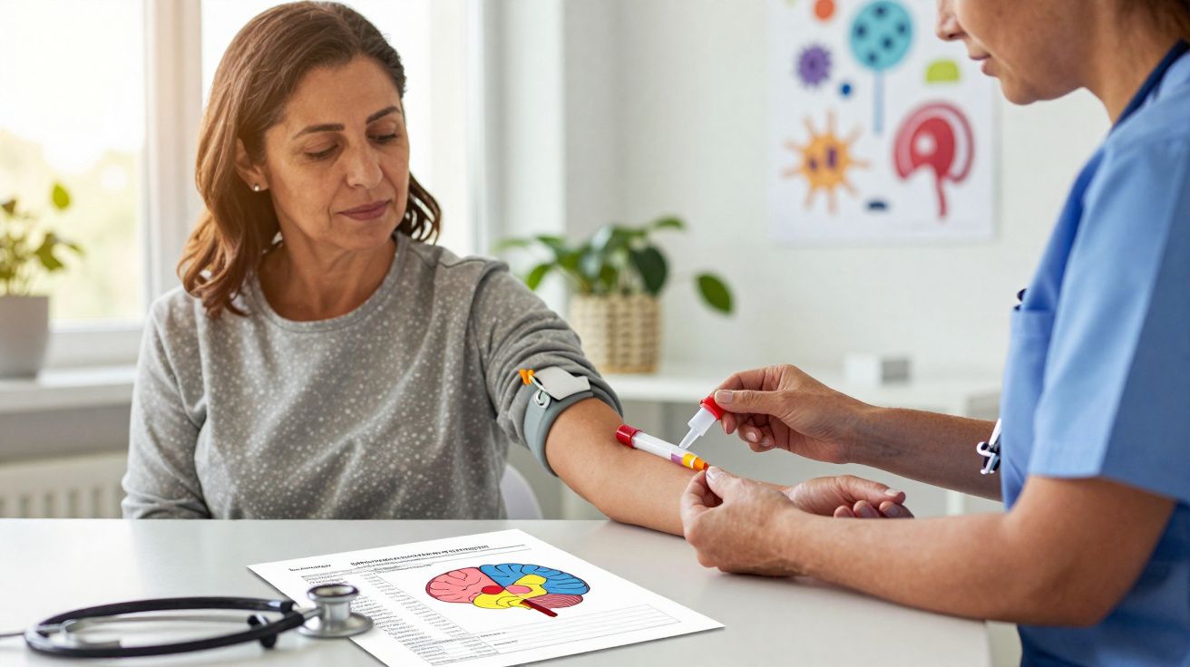 Profissional de saúde recolhe amostra de sangue de mulher sentada para exame neurológico.