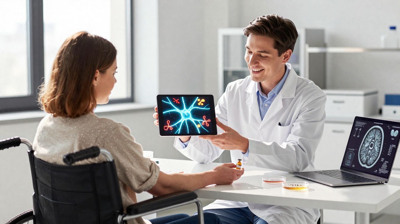 Médico mostra a paciente em cadeira de rodas uma imagem de célula nervosa num tablet durante consulta.