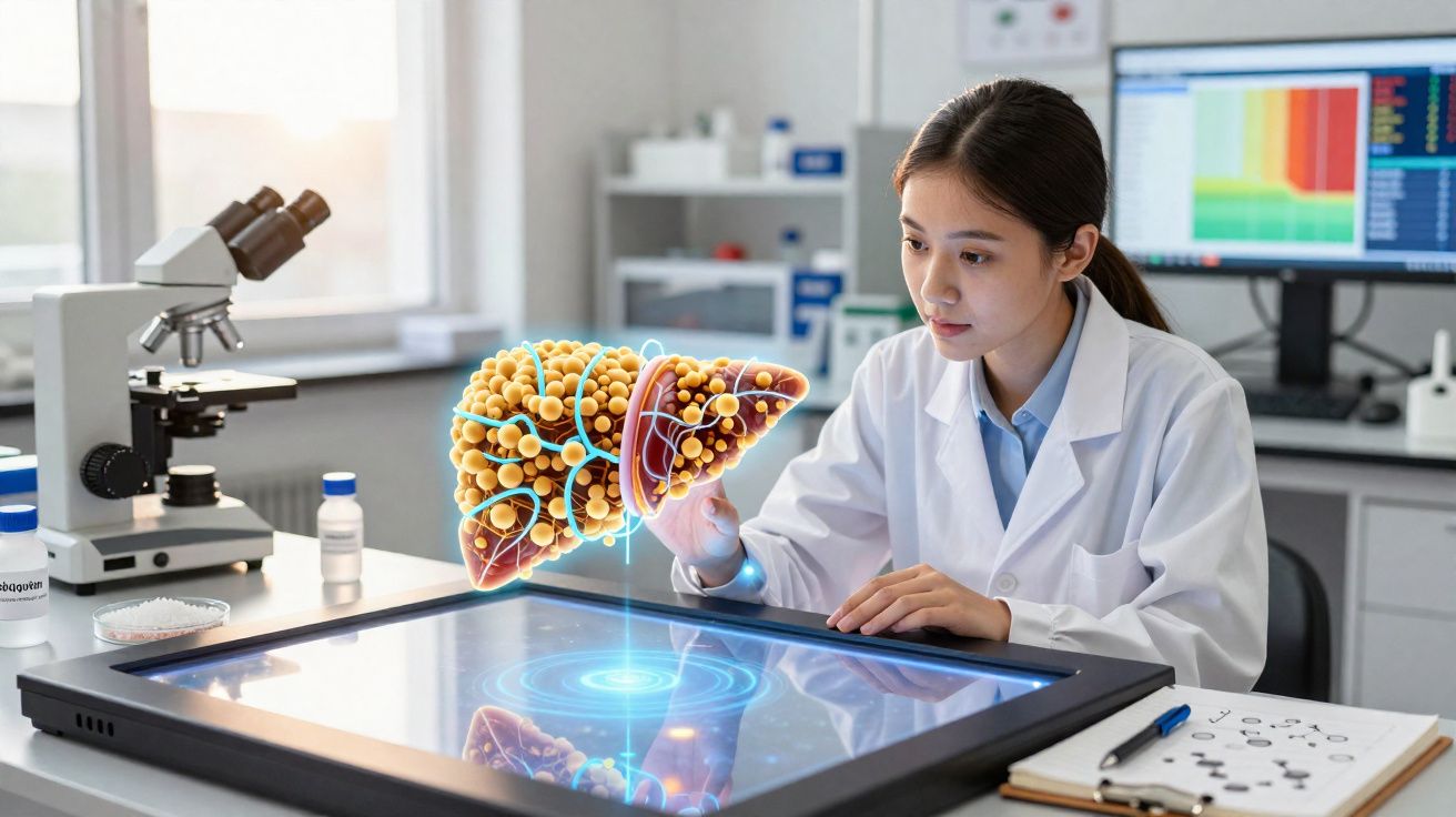 Cientista a analisar imagem holográfica de fígado sobre ecrã tátil num laboratório moderno.